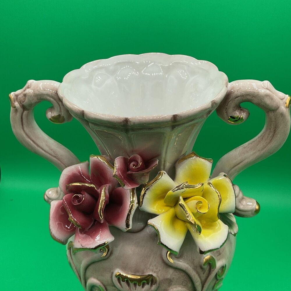 Vintage Porcelain Capodimonie Italian Floral Vase With Three Roses Two Handle - Picture 7 of 17